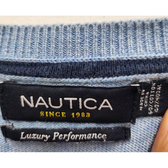 Nautica Luxury Performance Mens Sweater Large Light Blue Pullover V Neck Preppy - Picture 4 of 9